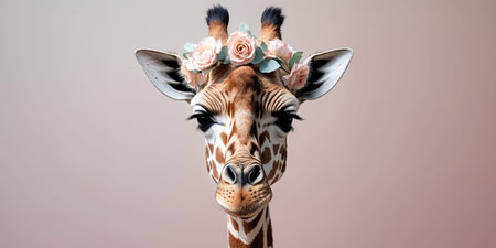 AI Generated. Giraffe With Floral Crown On Pink Backgroundの素材