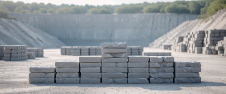 AI Generated. Gray stone block stacked outdoors in quarryの素材