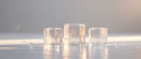 AI Generated. Ice cubes glistening under warm light on white surfaceの素材