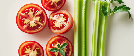 AI Generated. Juicy red tomatoes sliced in half next to crisp green celery sticks on a bright backgroundの素材