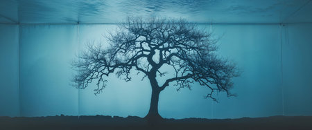 AI Generated. Abstract Silhouette of Tree with Blue Glass Backgroundの素材