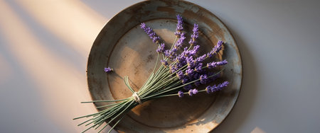 AI Generated. Lavender Bundle Rustic Wooden Plate Still Life Natural Light Impressionism Floral Arrangementの素材