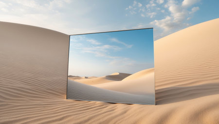 AI Generated. Massive mirror reflecting the sky amidst desert dunesの素材