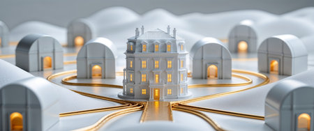 AI Generated. Miniature Townhouse Surrounded by Golden Pathways Leading to Investment Vaults in a Clean White Setupの素材