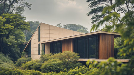 AI Generated. Modern House with Unique Design and Scenic Surroundingsの素材