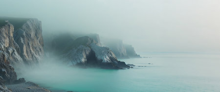 AI Generated. Mysterious Misty Coastal Landscape with Fog Enveloping Rocky Cliffs by the Seaの素材