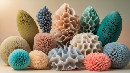 AI Generated. Natural Sea Sponges in Various Colors and Textures on Beige Backgroundの素材