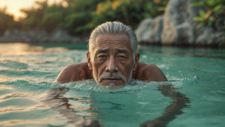 AI Generated. Older man swimming in clear blue water with focused expression at dawn in a serene locationの素材