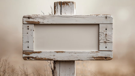 AI Generated. Rustic White Wooden Signpost Blank Message Board Weathered Textureの素材