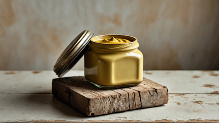 AI Generated. Rustic Charm Mustard Jar with Wood Block and Open Lid on Weathered Tabletop Vintage Backgroundの素材