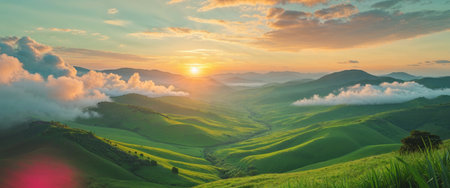 AI Generated. sunrise with great enthusiasm over the green valleyの素材