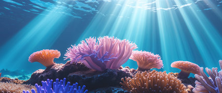 AI Generated. Sunlit coral reef underwater scene with blue ocean raysの素材