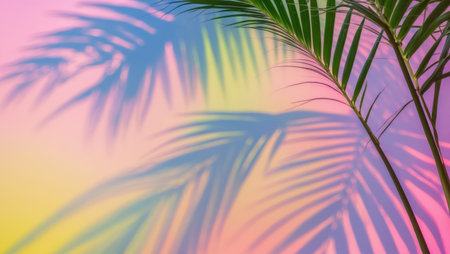 AI Generated. Tropical Palm Leaf Shadows on Colorful Pink and Yellow Backgroundの素材