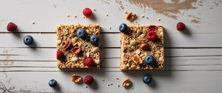 AI Generated. Two Homemade Granola Bars with Berries and Nuts on Rustic Wooden Surfaceの素材