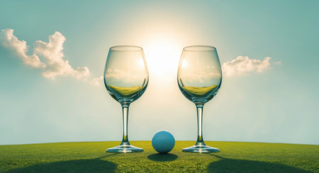 AI Generated. Two glasses of wine with a golf ball placed on a golf course green in a bright outdoor settingの素材