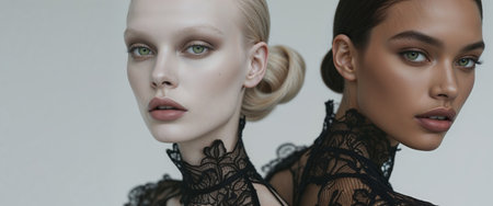 AI Generated. Two fashion models wearing black lace and makeup posing togetherの素材