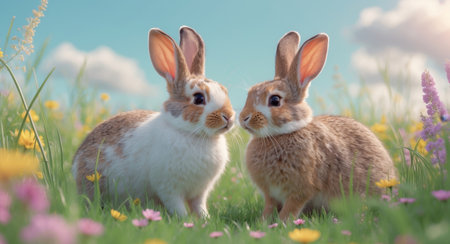 AI Generated. Two adorable rabbits meeting in a blooming meadowの素材