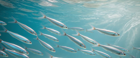AI Generated. Underwater scene showcasing a school of fish swimming in shimmering blue watersの素材