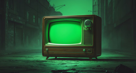 AI Generated. Vintage Television With Green Screen In Dark Urban Settingの素材