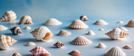 AI Generated. Weekend vibes create a joyful atmosphere with seashells on a blue background in a serene coastal settingの素材