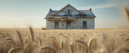 AI Generated. Weathered White House in Golden Wheat Fieldの素材