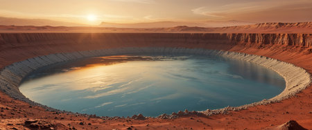 AI Generated. Water filled crater dominating martian landscape at sunsetの素材