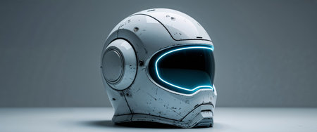 AI Generated. Weathered White Futuristic Helmet with Glowing Blue Lightsの素材