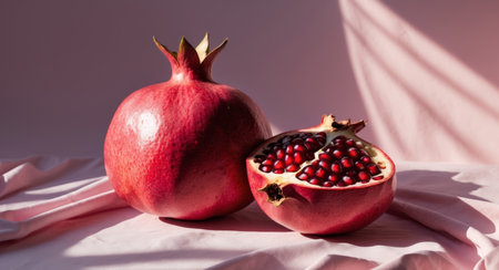 AI Generated. Whole and sliced pomegranate on soft pink surface with dramatic lightingの素材