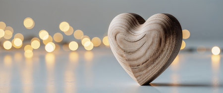 AI Generated. Wooden Heart on White Surface with Blurred Golden Lights Backgroundの素材