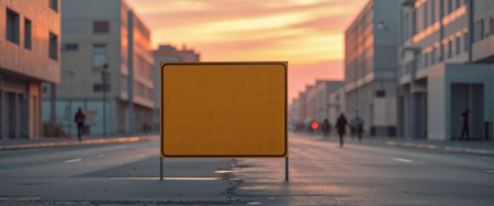 AI Generated. Yellow blank sign on a quiet urban street during sunsetの素材