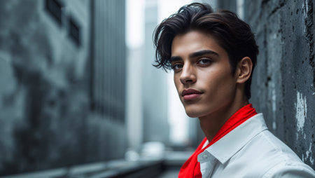AI Generated. Young man posing stylishly in urban settingの素材