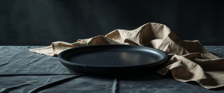 AI Generated. Empty Black Stone Plate on Dark Background with Beige Napkinの素材
