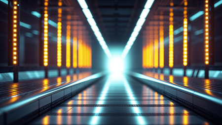 AI Generated. Empty moving walkway with bright yellow lights leading into blurred corridorの素材