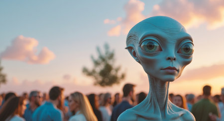 AI Generated. Extraterrestrial figure attending an outdoor gathering during sunset with an audience in the backgroundの素材