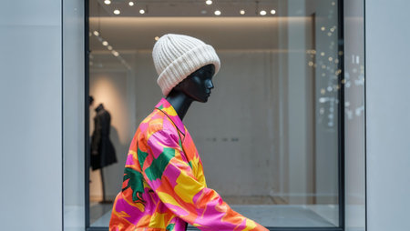 AI Generated. Fashion Mannequin Displaying Tropical Jacket and Knit Hat in Modern Storeの素材