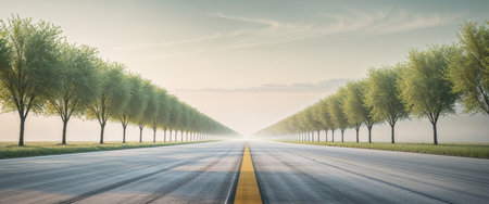 AI Generated. Empty runway with trees at horizon under hazy skyの素材