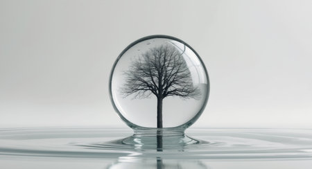 AI Generated. Tree Encased in a Water Droplet on Calm Surfaceの素材