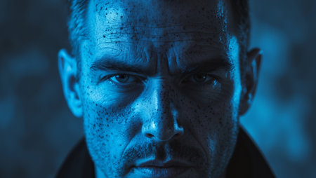 AI Generated. Intense Man with Speckled Face in Blue Lightの素材
