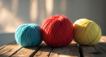 AI Generated. Three colorful balls of yarn arranged on a wooden table with natural lighting and shadowsの素材