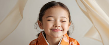AI Generated. Smiling Girl in Orange Kimono with Soft Lighting and Shallow Depth of Fieldの素材