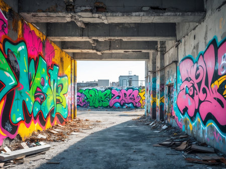 AI Generated. Urban Decay Through Graffiti and Broken Infrastructureの素材