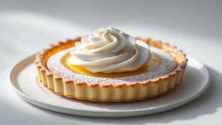 AI Generated. Delicious Lemon Tart Pastry Dessert with Swirl Cream Topping and Powdered Sugarの素材