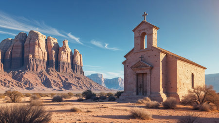 AI Generated. Desert Landscape Featuring Majestic Rock Formations and an Ancient Chapel Under a Bright Blue Skyの素材