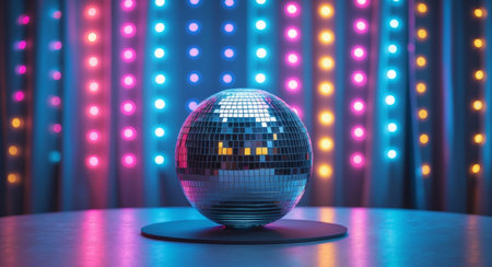 AI Generated. Disco ball on a table with colorful lights in the background creating a festive atmosphere for a partyの素材