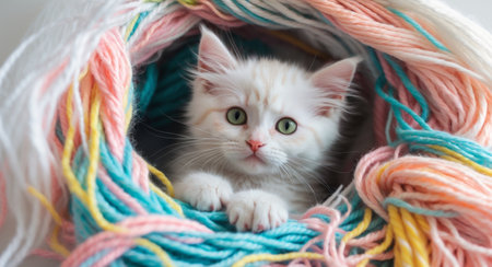 AI Generated. Curious kitten peeks out from colorful yarn during a cozy indoor afternoonの素材