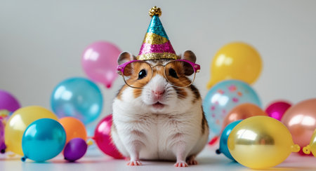 AI Generated. Cute hamster in party hat and sunglasses with colorful balloonsの素材