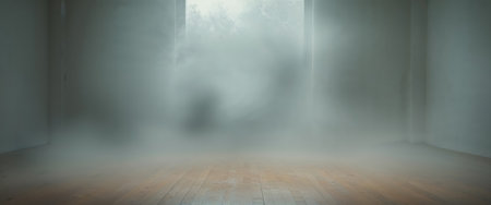 AI Generated. Mysterious Foggy Room Wooden Floor Backgroundの素材