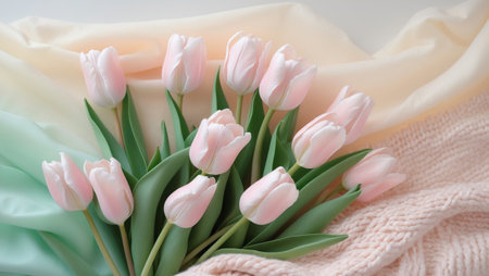 AI Generated. Pink tulips on soft knitted blanket with pastel backgroundの素材