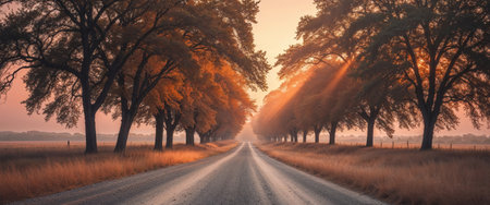 AI Generated. Serene Gravel Road at Sunset Surrounded by Trees with Open Space for Text Ideal for Nature and Travel Themesの素材