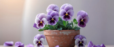 AI Generated. Beautiful purple pansies in a terracotta pot brighten up any indoor or outdoor space during spring and summerの素材